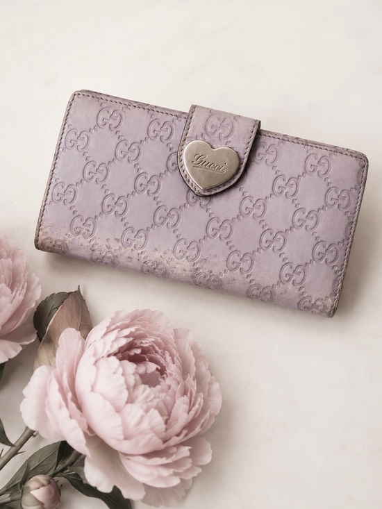 Gucci Handbags - Gucci Guccissima Heart Logo Lavender Leather Long Wallet Authentic Vintage